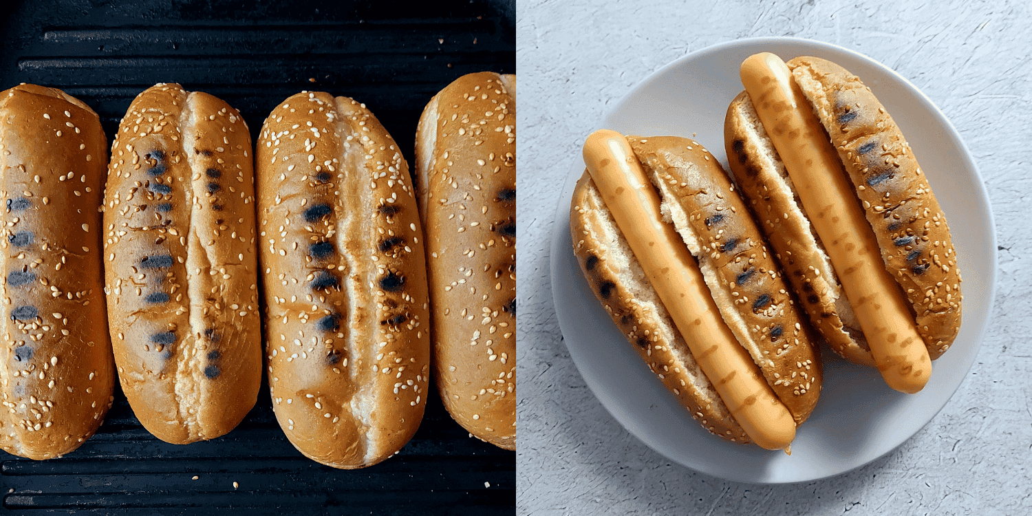 Buns on the grill and buns with hot dogs