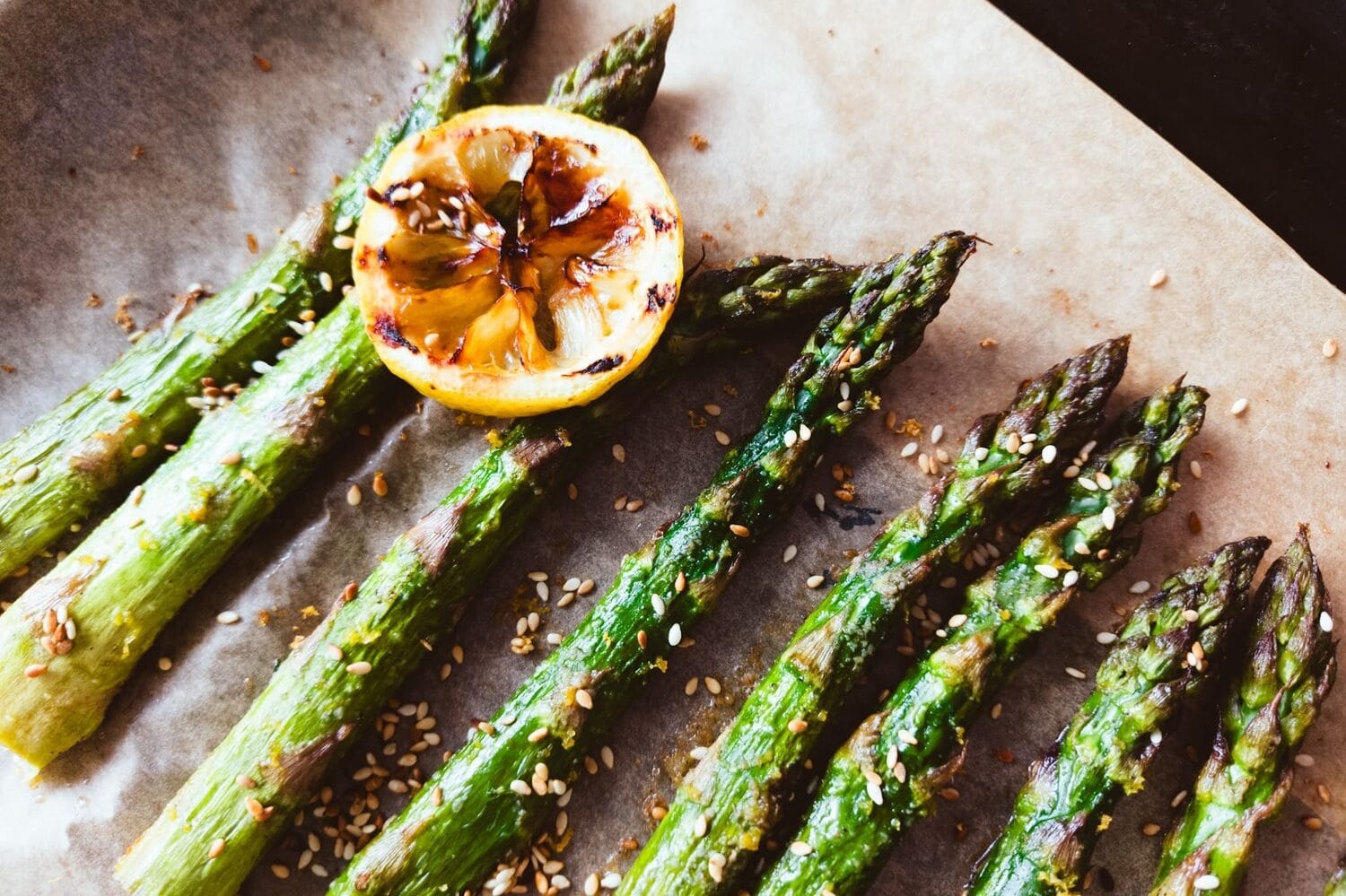 Finished roasted asparagus with toasted sesame seeds 