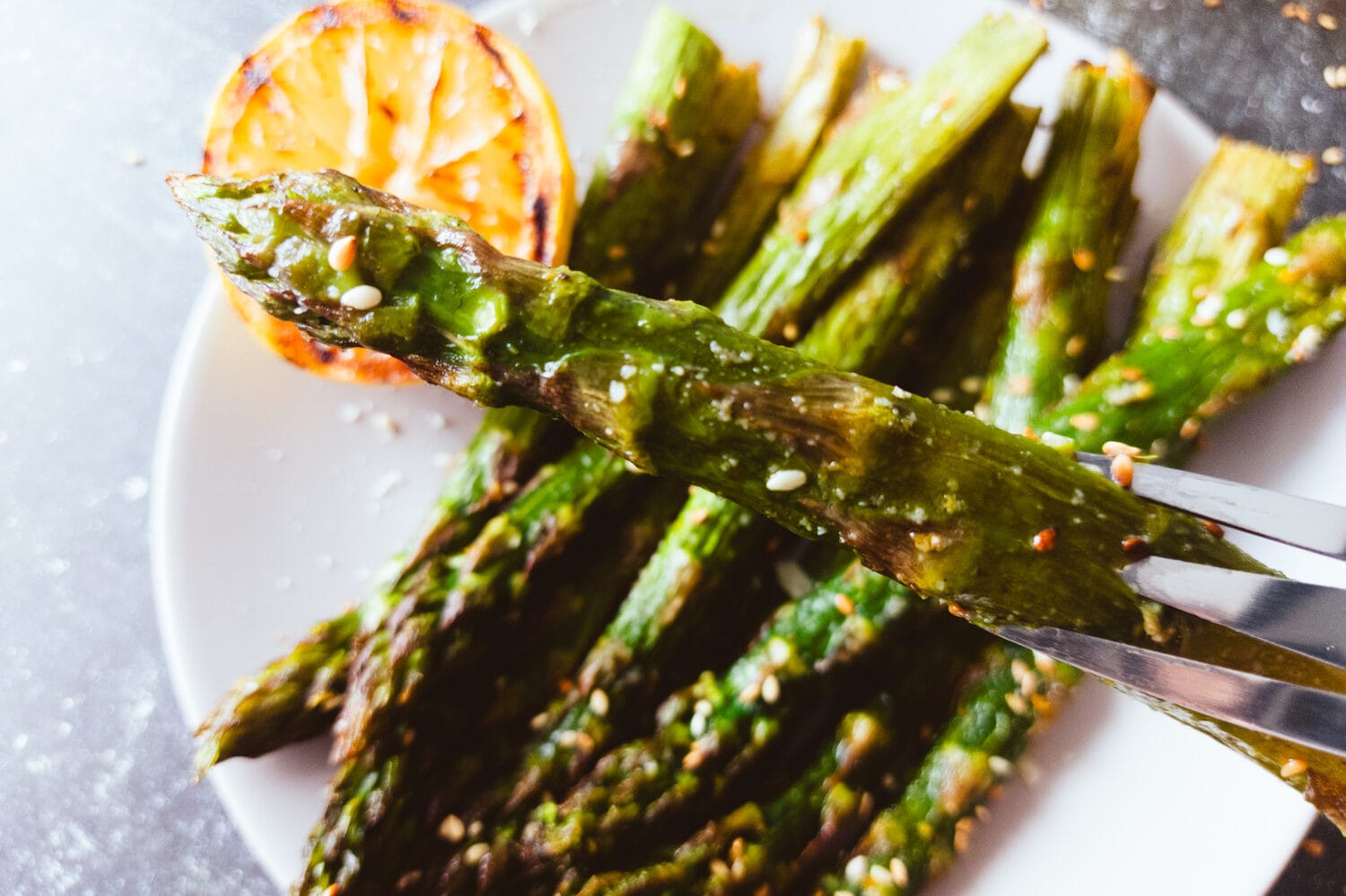 Close up image of roast asparagus