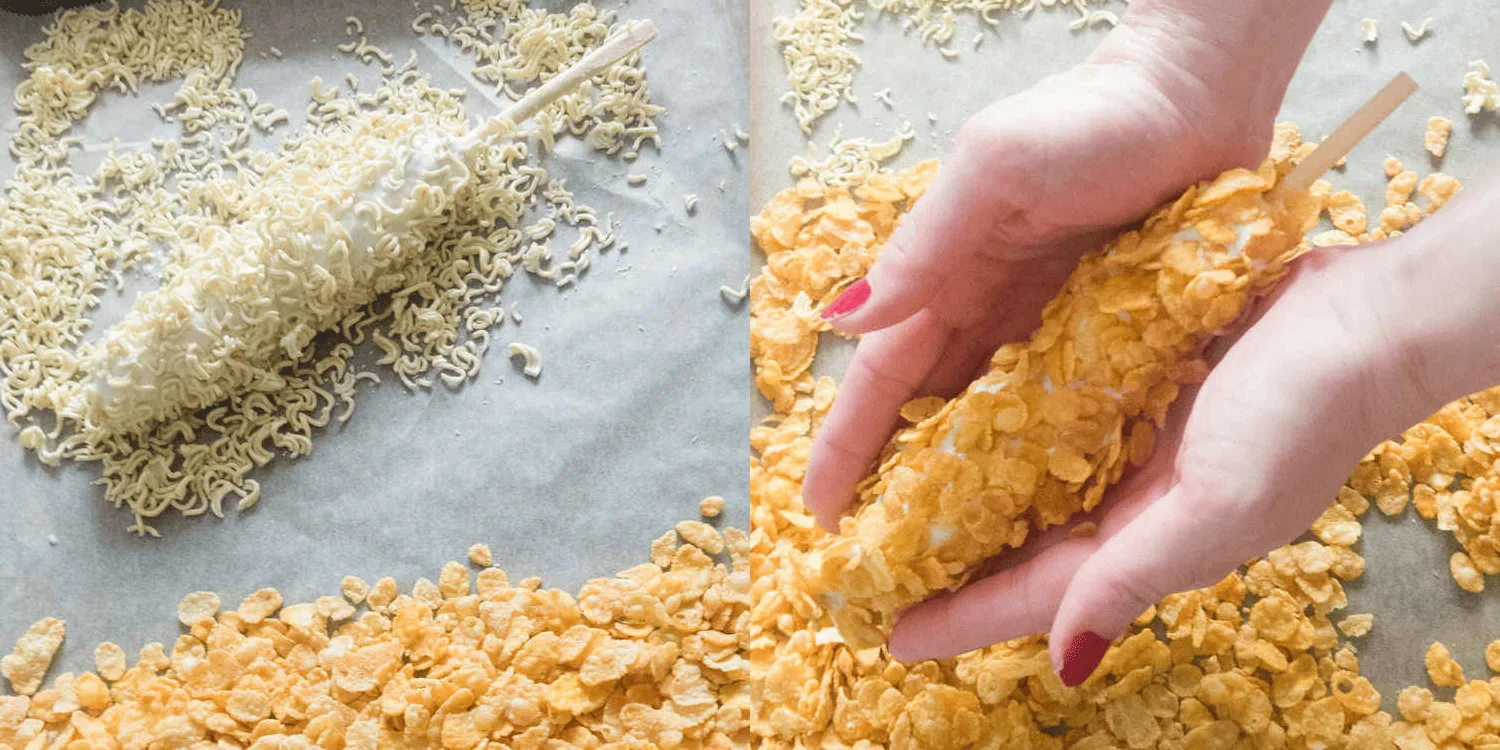 CHEESE CORN DOGS WITH CRUSHED RAMEN NOODLES AND CORNFLAKES