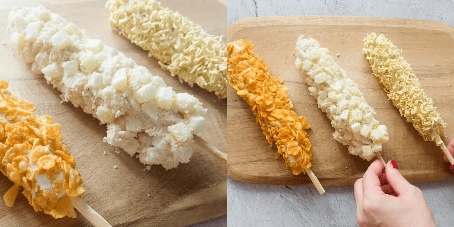 HOT DOGS WITH CORNFLAKES, CRUSHED RAMEN NOODLES AND DICED POTATOES