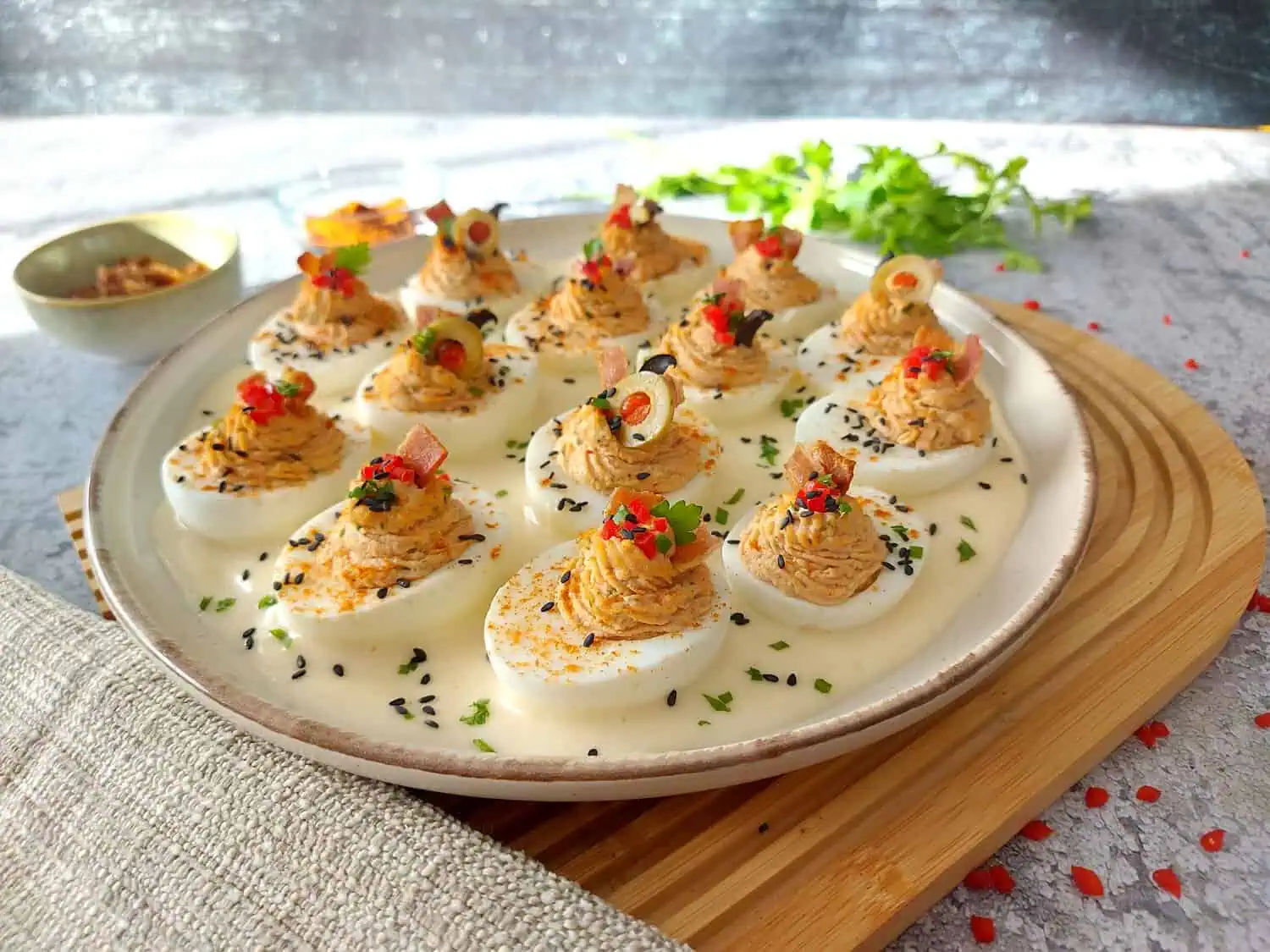 Platter with stuffed eggs in a mayonnaise sauce