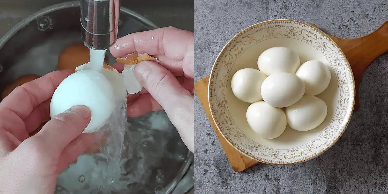 PEELING HARD BOILED EGGS UNDER COLD RUNNING WATER; AND A BOWL WITH HARD BOILED EGGS