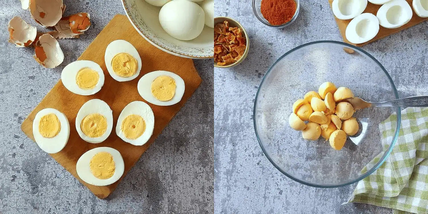 hard boiled eggs cut in half and egg yolks scooped out