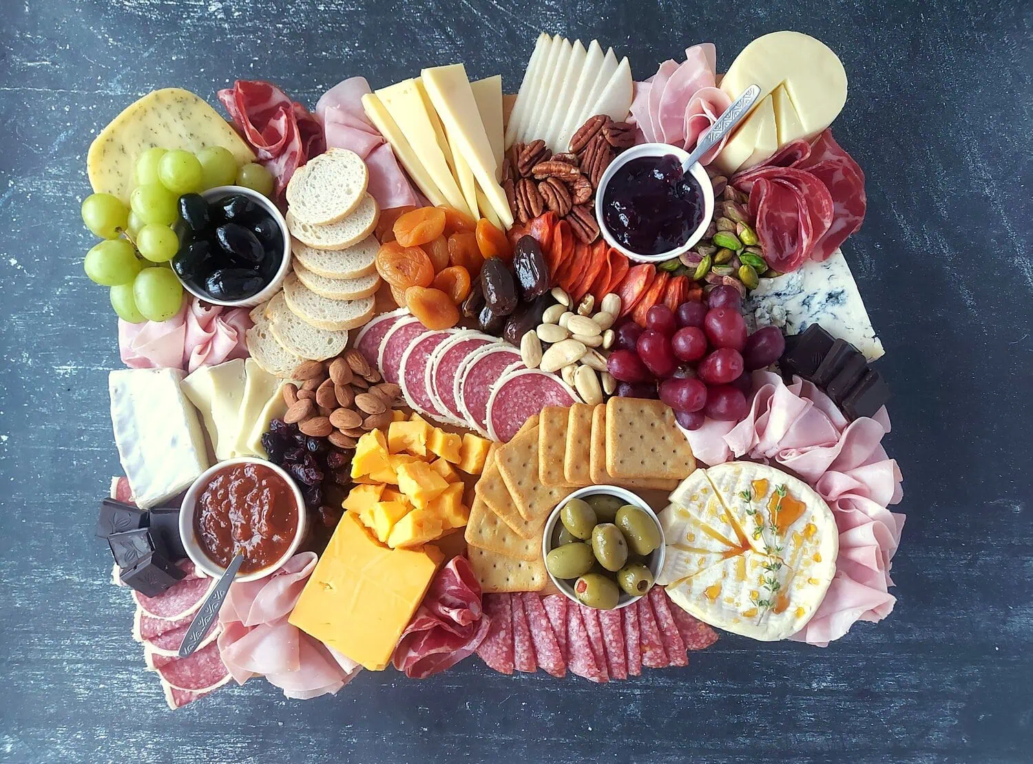 overheat shot of a complete charcuterie board
