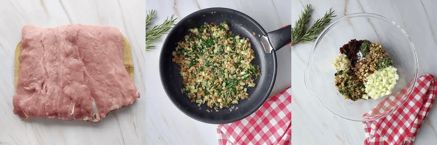 cranberry apple stuffed pork loin Steps 1 to 3 of making apple stuffed pork loin: butterflied pork loin, sauteed stuffing in a pan and all stuffing ingredients in a bowl