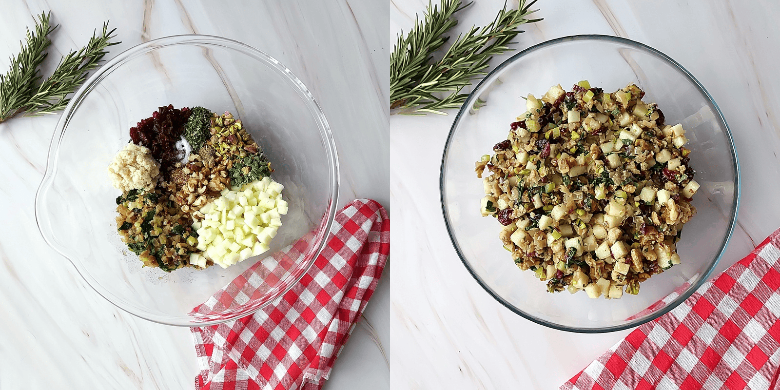 cranberry apple stuffed pork loin Stuffed pork loin roast filling in a glass bowl next to a red and white napkin