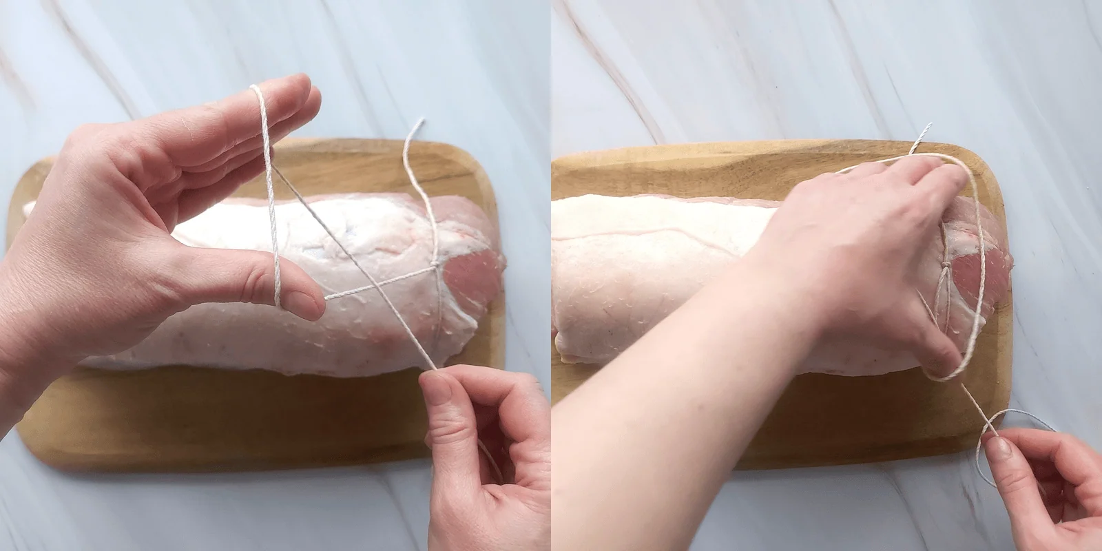 cranberry apple stuffed pork loin Tying the apple stuffed pork loin roast with kitchen twine