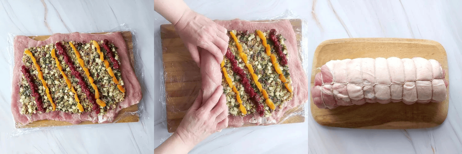 cranberry apple stuffed pork loin Steps 4 to 6 of making apple stuffed pork loin: butterflied loin with stuffing on top, rolling the pork loin with the stuffing inside and pork loin fully rolled and tied up with kitchen twine.