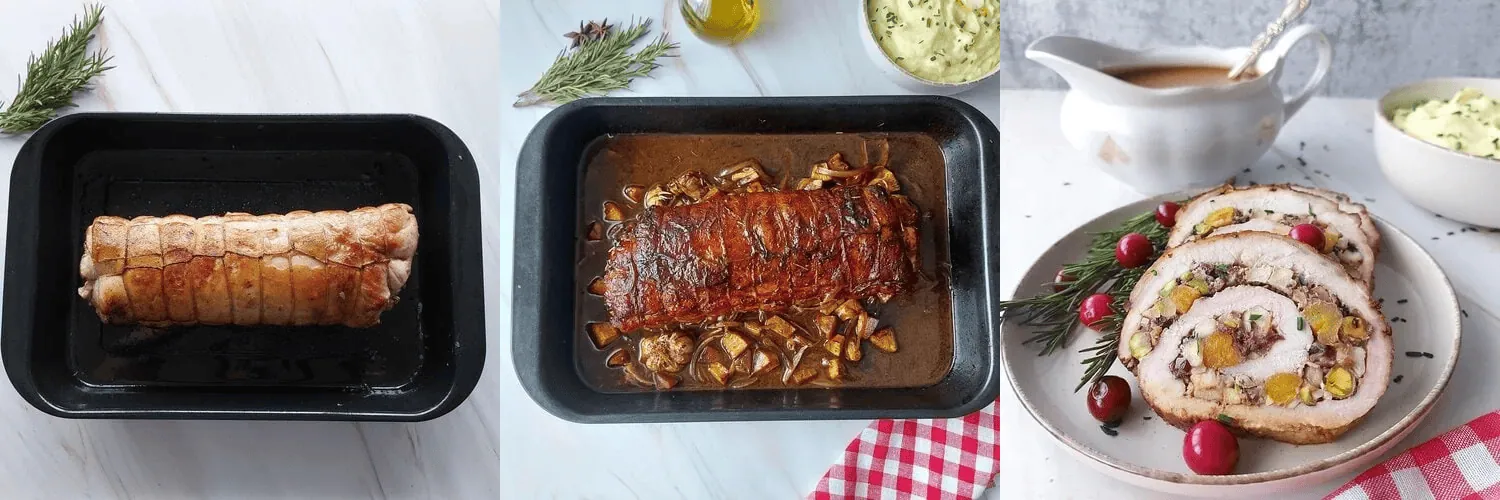 cranberry apple stuffed pork loin Steps 7 to 9 of making an apple stuffed pork loin: fried pork roll in the pan, roasted stuffed pork loin in a pan over diced apples and sliced onions and slices of finished stuffed pork loin on a plate with the gravy in the background