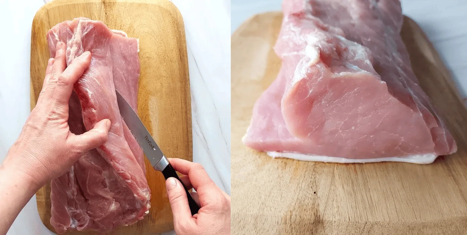 cranberry apple stuffed pork loin Roll cutting the pork loin into a flat piece of meat