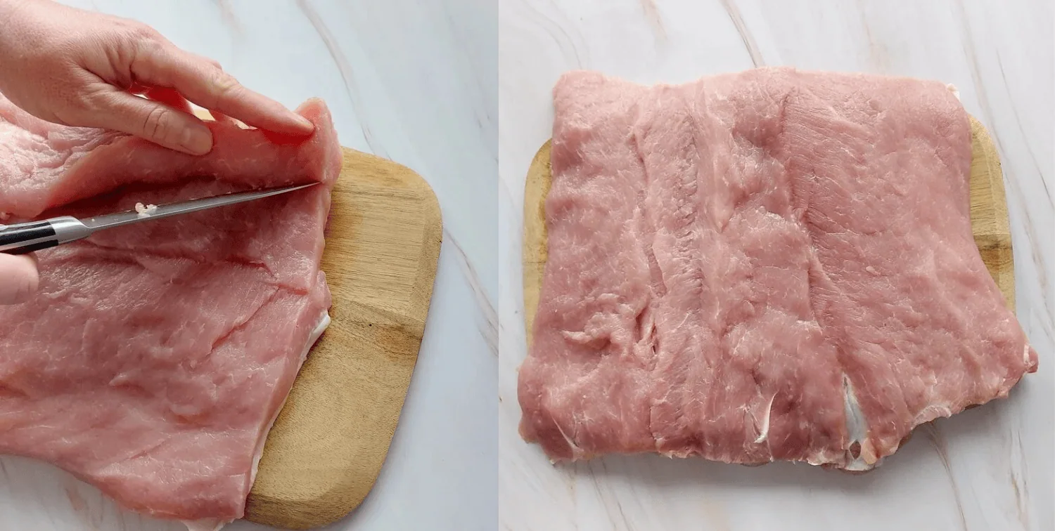 cranberry apple stuffed pork loin Final roll cutting of the pork loin and a flat sheet of pork loin