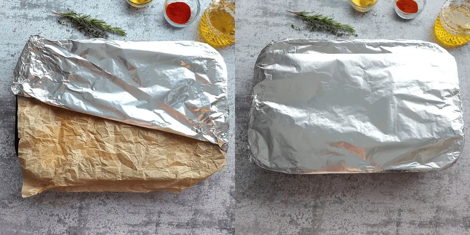 Roasting pan covered with baking paper and foil