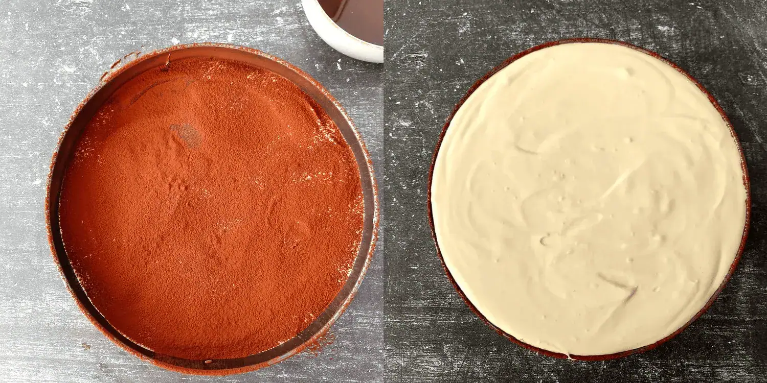First and second layer of the mascarpone mixture over the coffee-soaked ladyfingers, in a detachable round pan