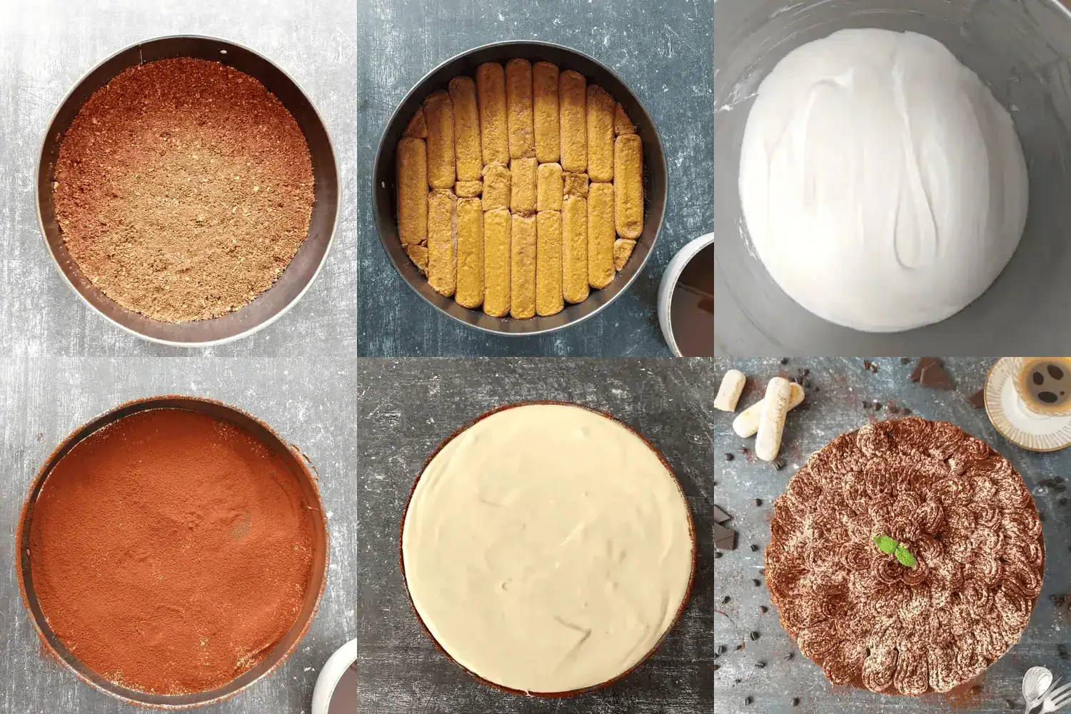Steps of making this no-bake tiramisu cheesecake