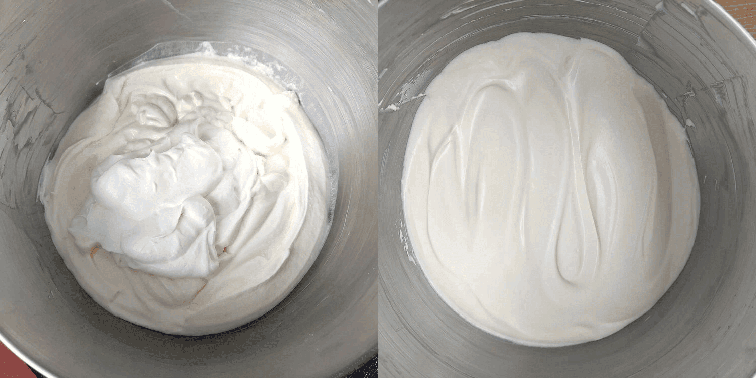 Whipped cream folded into the cheesecake mixture in the mixer bowl