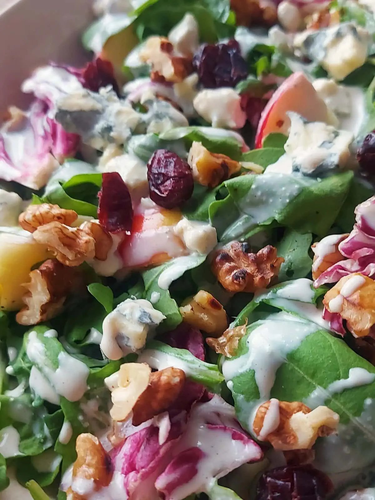 Close-up shot of this apple walnut blue cheese salad