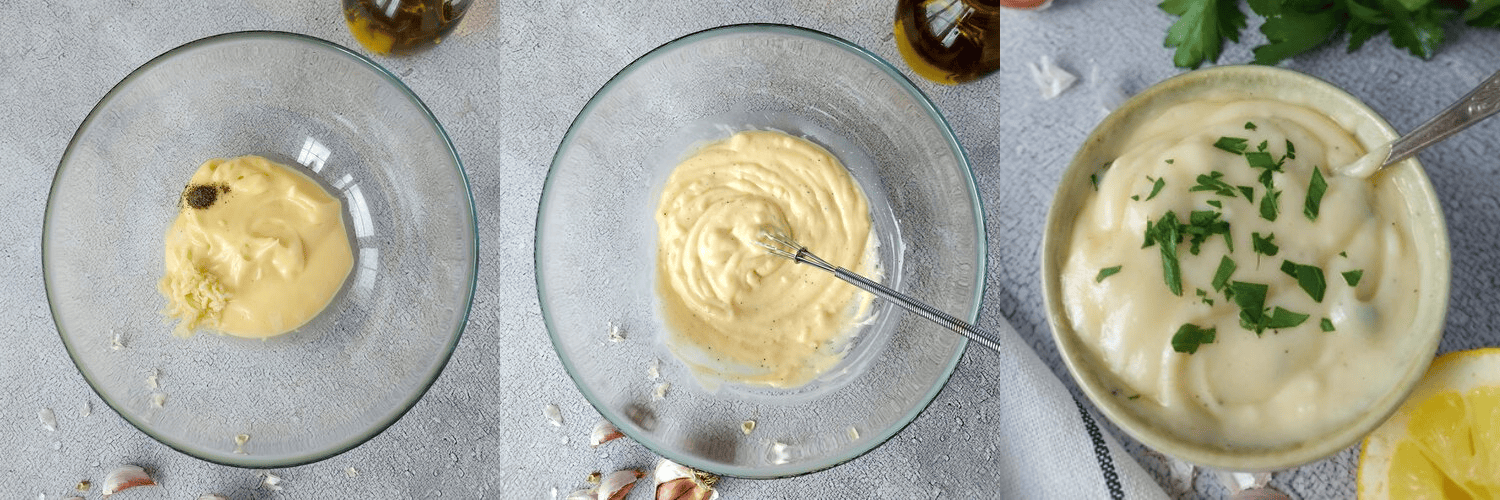 Bowl with mayonnaise, pressed garlic, lemon juice, salt and pepper