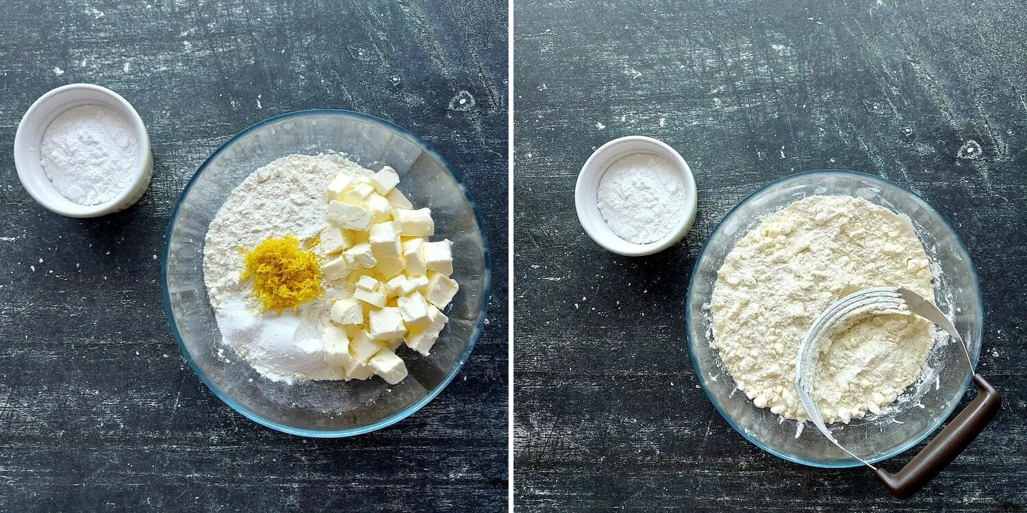 eggless scone recipe GLASS BOWL WITH FLOUR, BUTTER, LEMON ZEST, SALT, BAKING POWDER