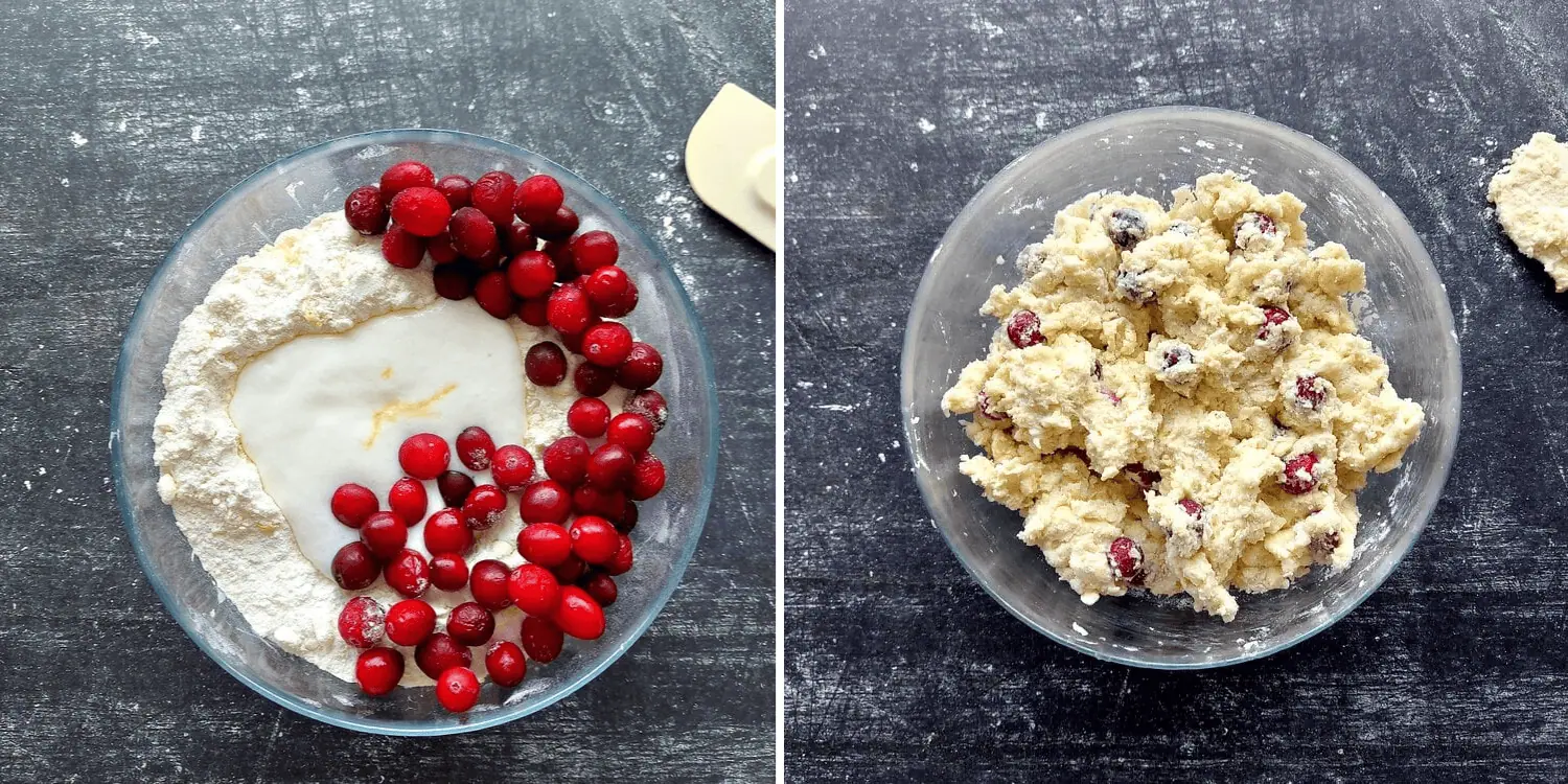 eggless scone recipe Glass bowl with scone dough with frozen cranberries