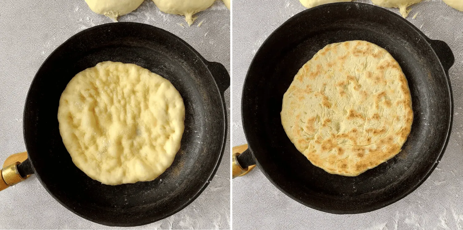 Greek Style Pita Bread cooking in a cast iron skillet