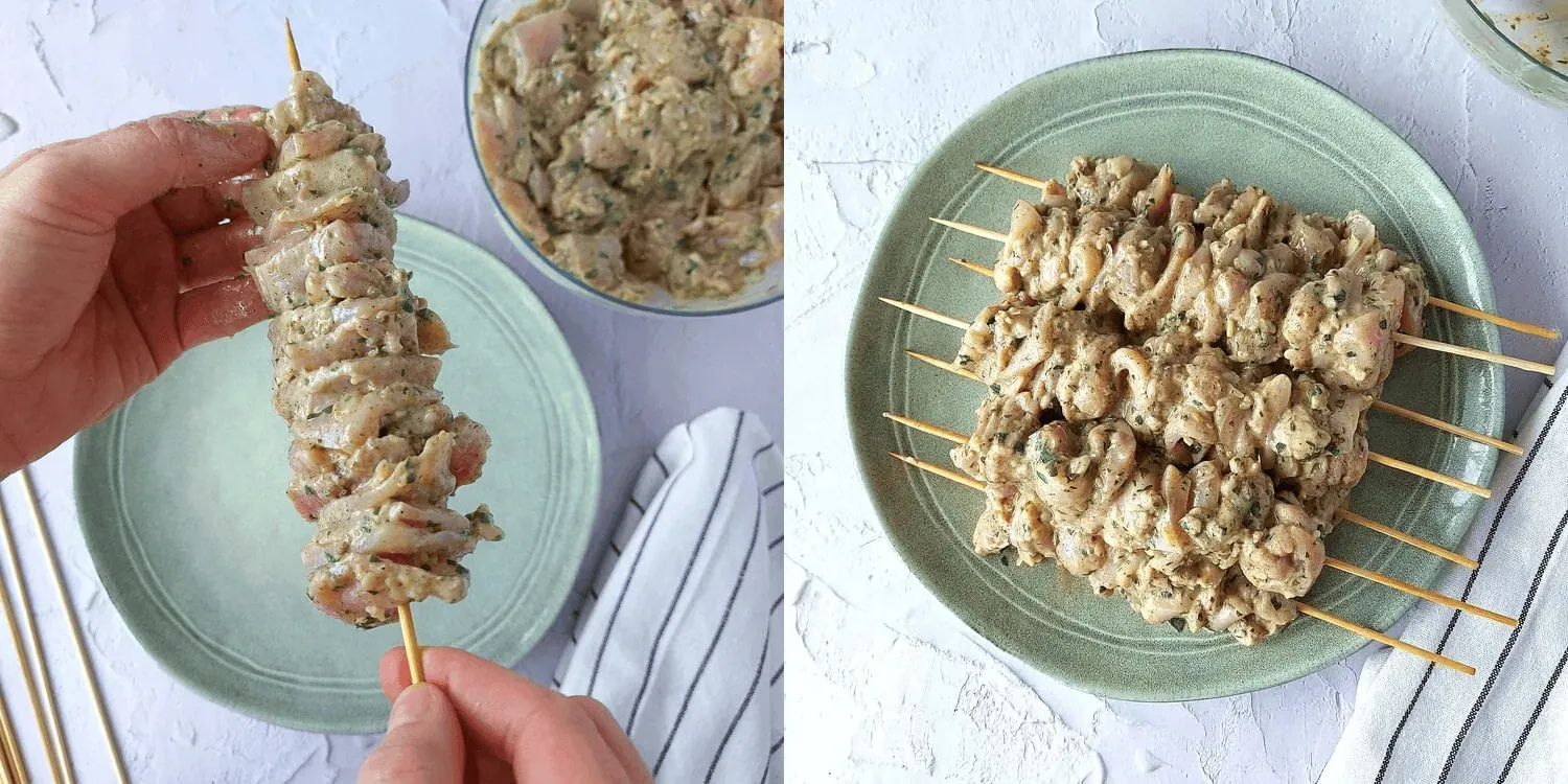 traditional greek souvlaki Threading the chicken pieces on skewers