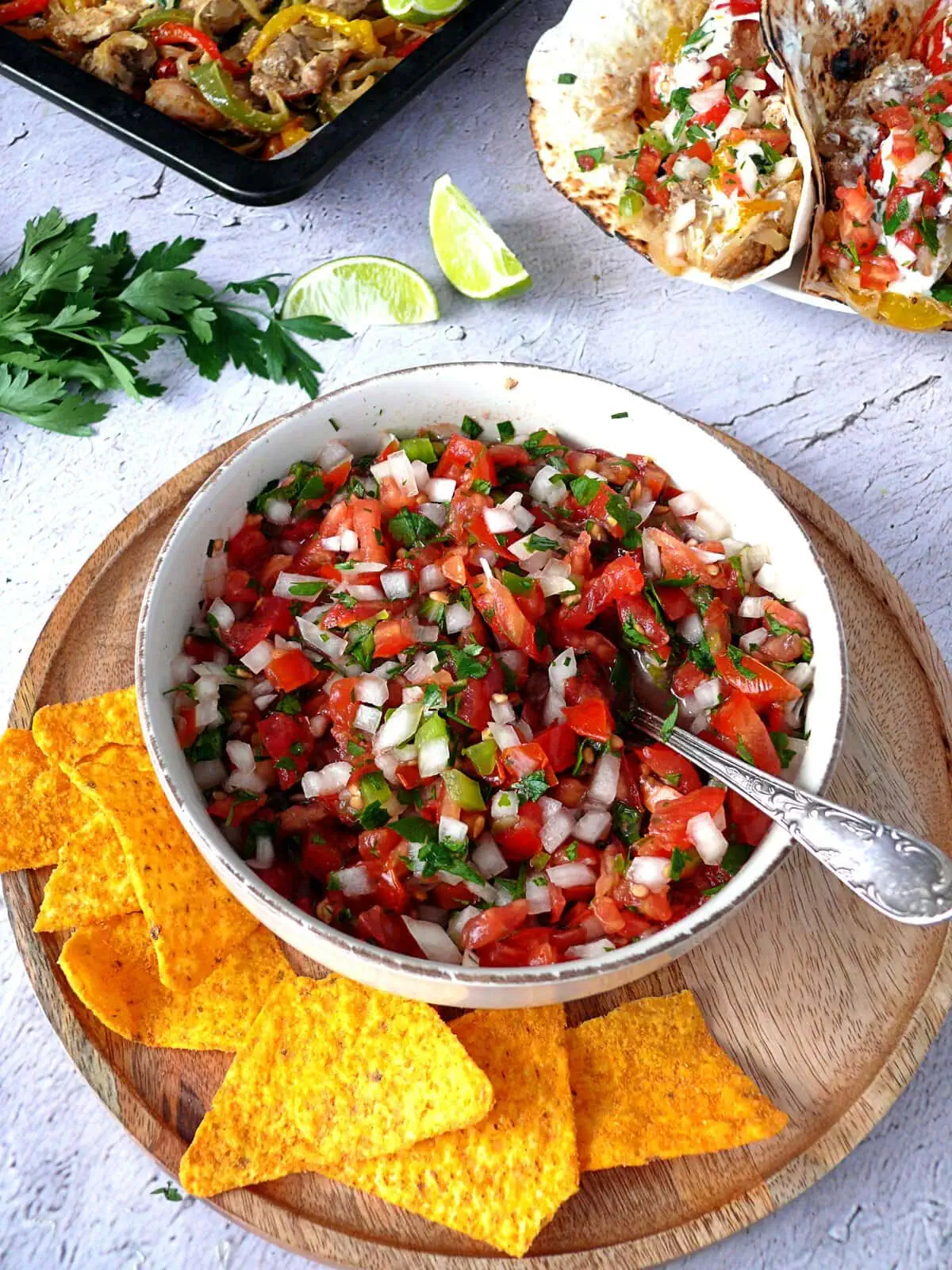 fresh pico de gallo recipe homemade pico de gallo served with tortilla chips and chicken fajita